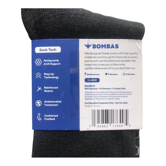 2 Pair Bombas NIP Men's Women's Calf Socks Black Gray Extra Large - Picture 6 of 11